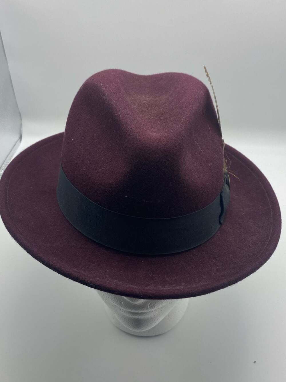Coorin Bros Burgundy Wool Fedora Hat with Black Band and Feather Accent, Medium